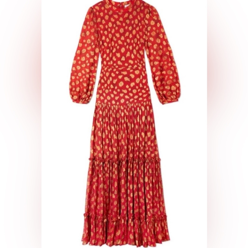 RIXO Red Pleated Tiered Gown with Mock Neck
